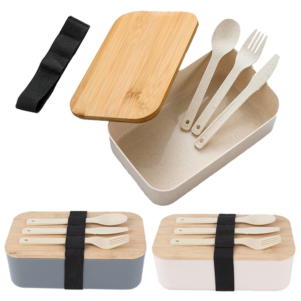 Wheat Straw Lunch Box with Bamboo Lid & Utensils