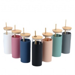 Silicone Sleeve Glass Tumbler With Bamboo Lid And Bamboo Straw